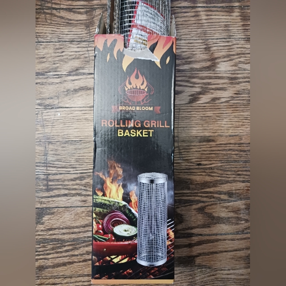 Broad Bloom Rolling BBQ Grill Basket Set, Basket Brushes Keys 13in Tall New